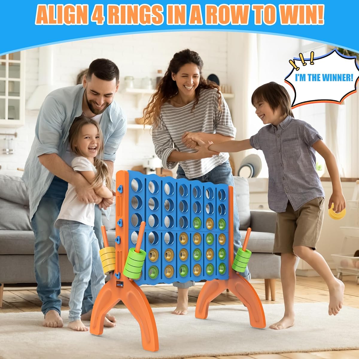 4" A Row Game Jumbo 4 Piece Yard Game for Teens and Adults Indoor Outdoor Party Connecting Game with 42 Chips, Quick Release Slider, and Durable Carry Bag