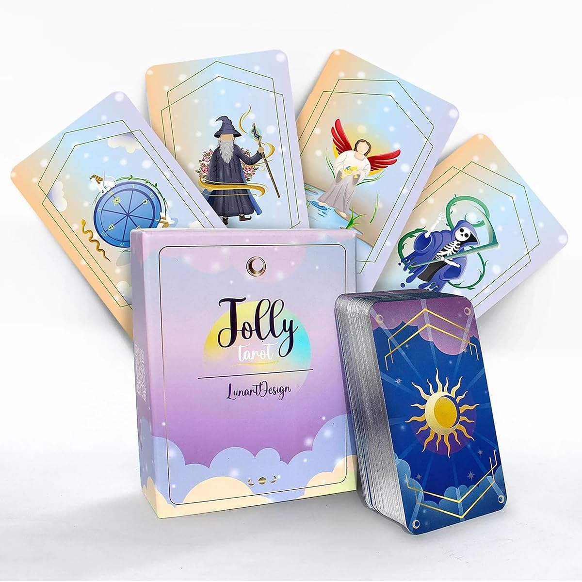 Lunart Design Jolly Tarot Deck with 78 cards and guidebook, packaged with natural stone supplements
