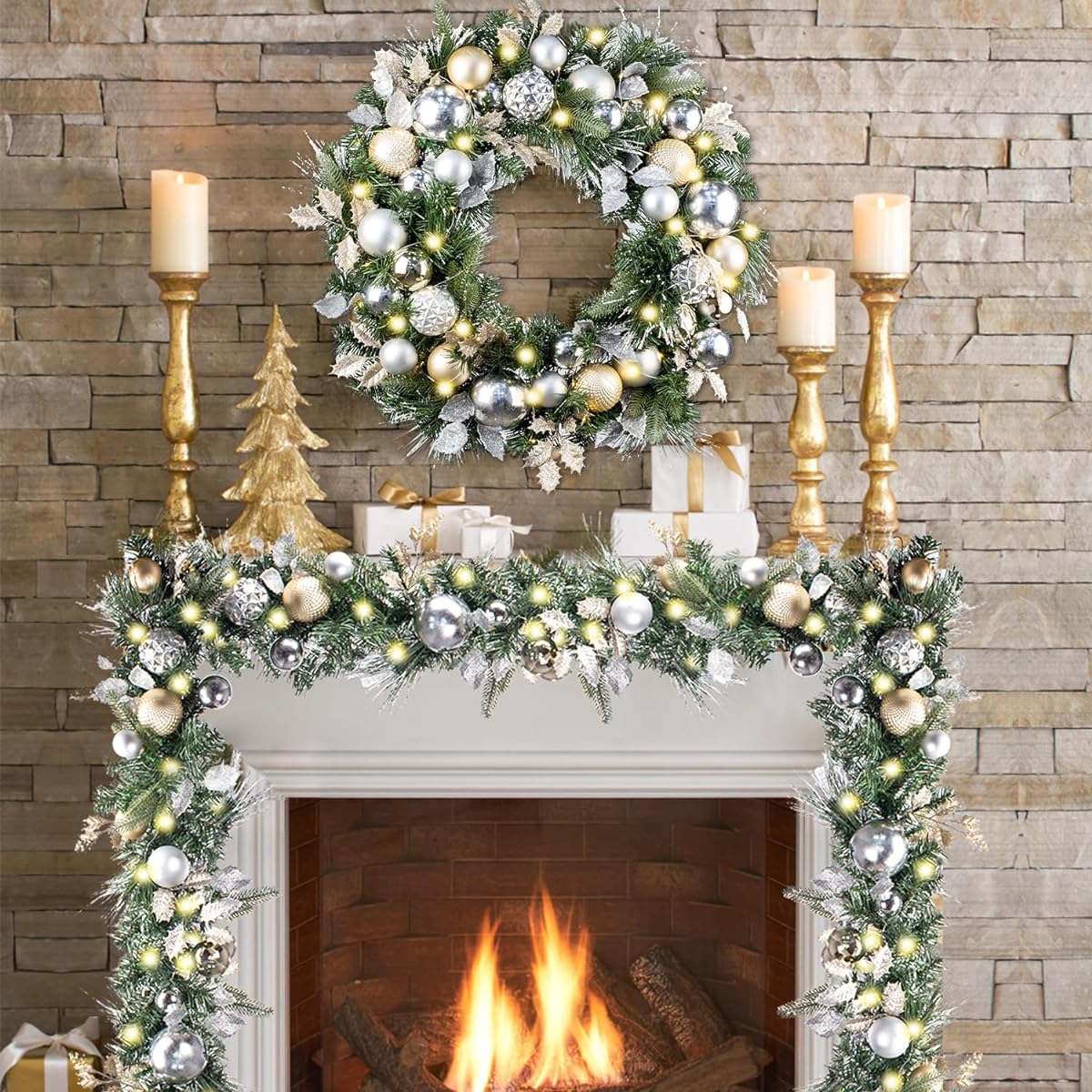 WANNA-CUL Pre-Lights 9ft/108in Christmas Garland with 50 LED Lights Champagne Gold Christmas Mantel Garland Decoration with Ball Ornament Battery Operated