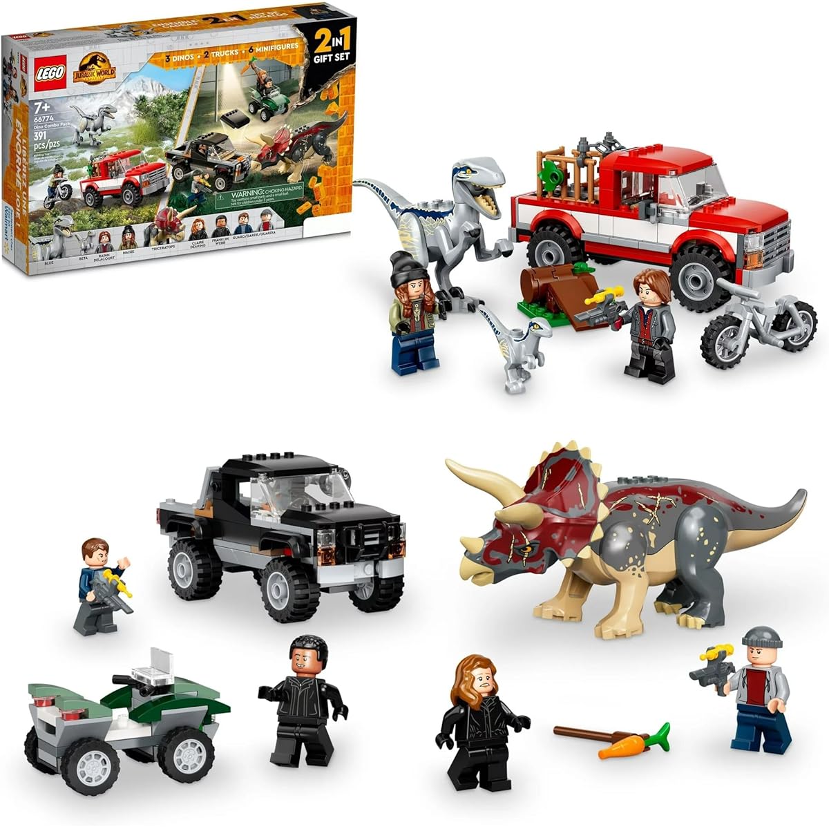 LEGO Jurassic World Dinosaur Combo Pack 2-in-1 Triceratops and Velociraptor Gift Set (66774, 391 pieces)