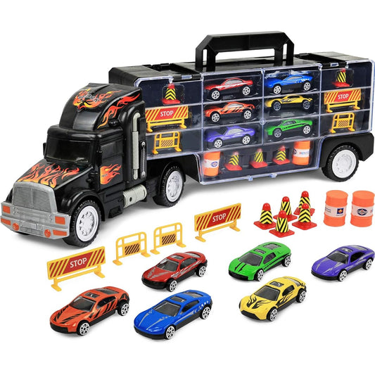 Click N' Play Transport Car Carrier Loaded with trucks, cars, road signs and more. Holds up to 28 cars. Jumbo 22" long.