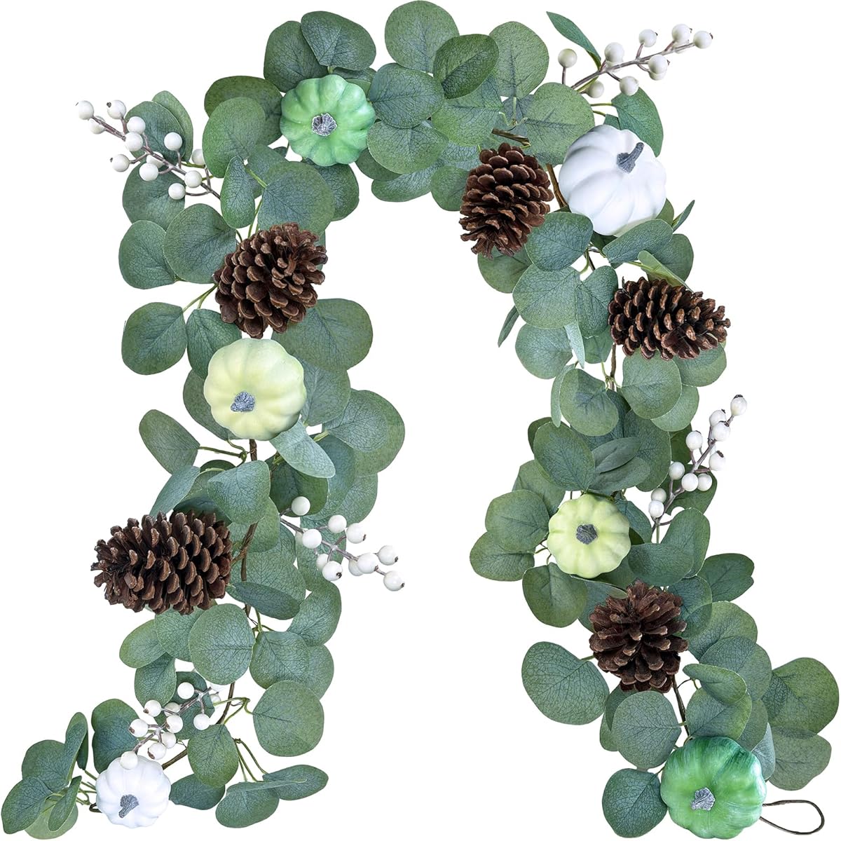 Winlyn Fall Green Pumpkin Garland, Artificial Eucalyptus Garland, Assorted Pumpkins, Berries, Pine Cones, Fall Green Garland, 6 Feet Long, Wedding Arch, Thanksgiving Table Runner, Mantel, Farmhouse Decor