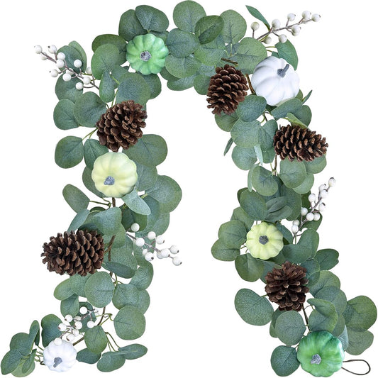 Winlyn Fall Green Pumpkin Garland, Artificial Eucalyptus Garland, Assorted Pumpkins, Berries, Pine Cones, Fall Green Garland, 6 Feet Long, Wedding Arch, Thanksgiving Table Runner, Mantel, Farmhouse Decor