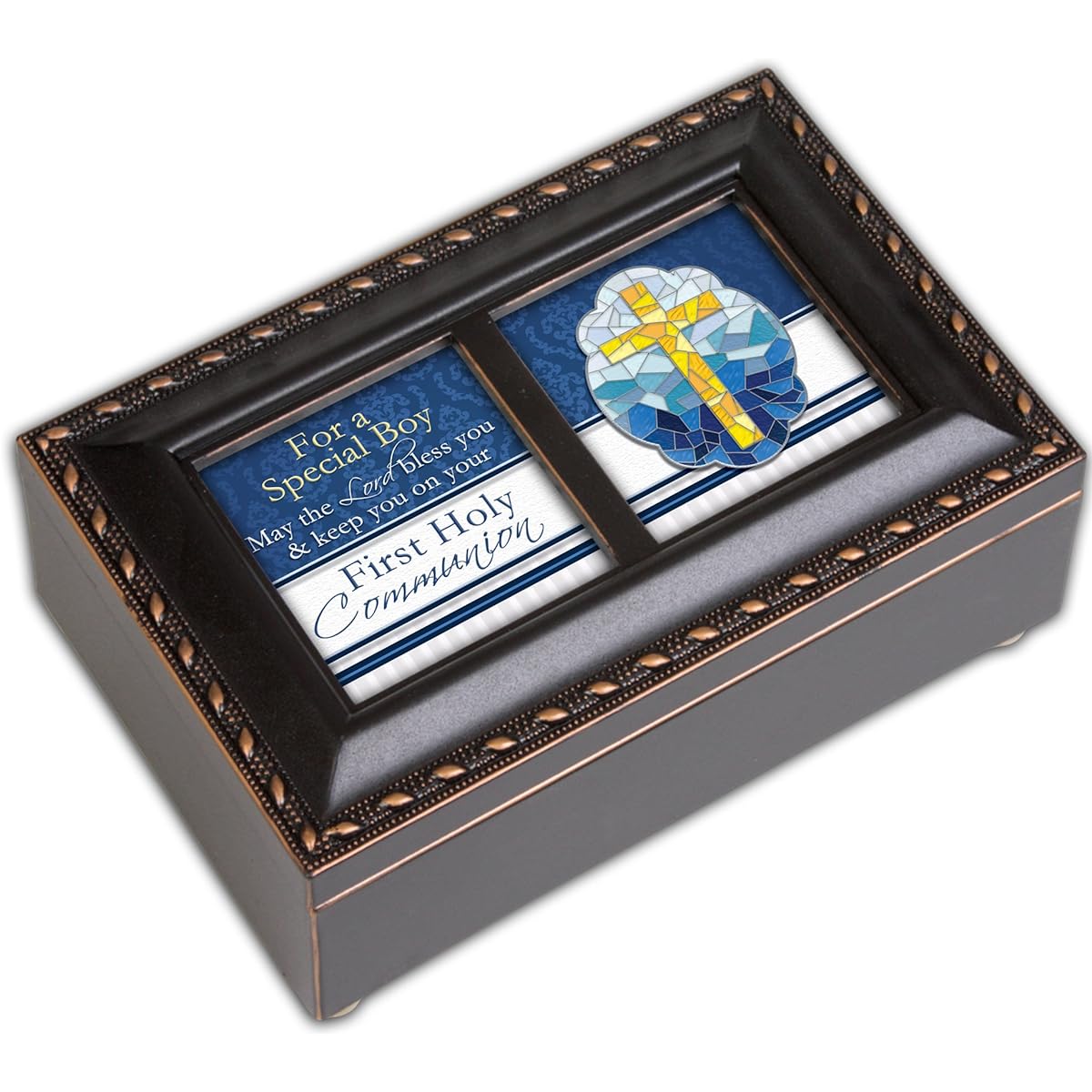 First Communion Special Boy Small Black with Gold Trim Rosary Music Box Plays Handel Hallelujah