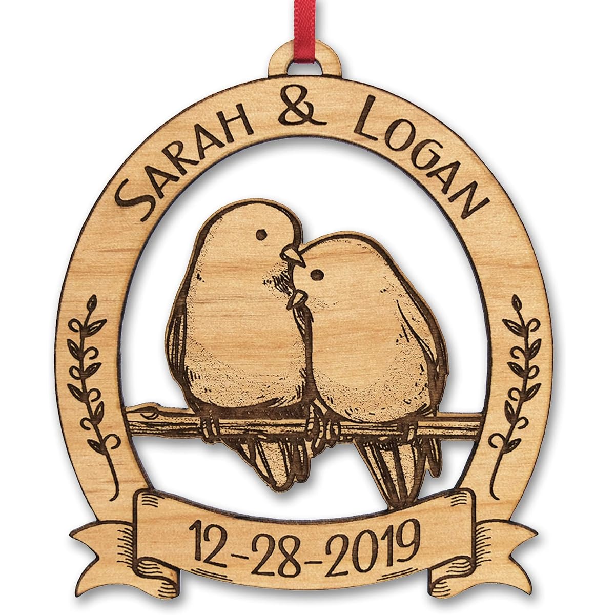 Newlywed Christmas Ornament Lovebirds Personalized Heart Tree Trunk Design Mr Mrs Wedding Date Name Engraved Couple Our First Christmas Gift Her Engagement Together 3" Brown Orn-Wood-LoveBirds-Pers