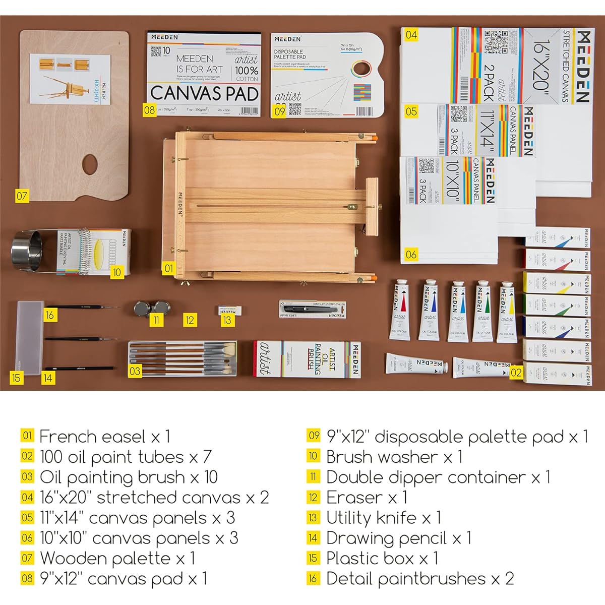 MEEDEN Oil Painting Supplies Set Professional Artist Oil Painting Kit with Large Studio French Easel 7 x 100ml/3.5oz Oil Painting Brushes Canvas Panel Brush Washer Art Gift for Artists