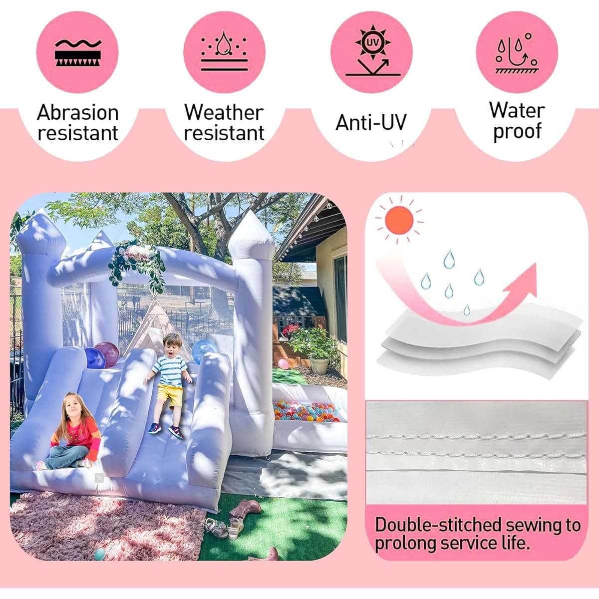 CZGBRO Inflatable White Bounce House Outdoor Indoor Bouncy Castle Kids Party Wedding Family Large Jumping Castle Double Slide Ball Pit Water Pool Decorative 100 Pieces Balloon Gift
