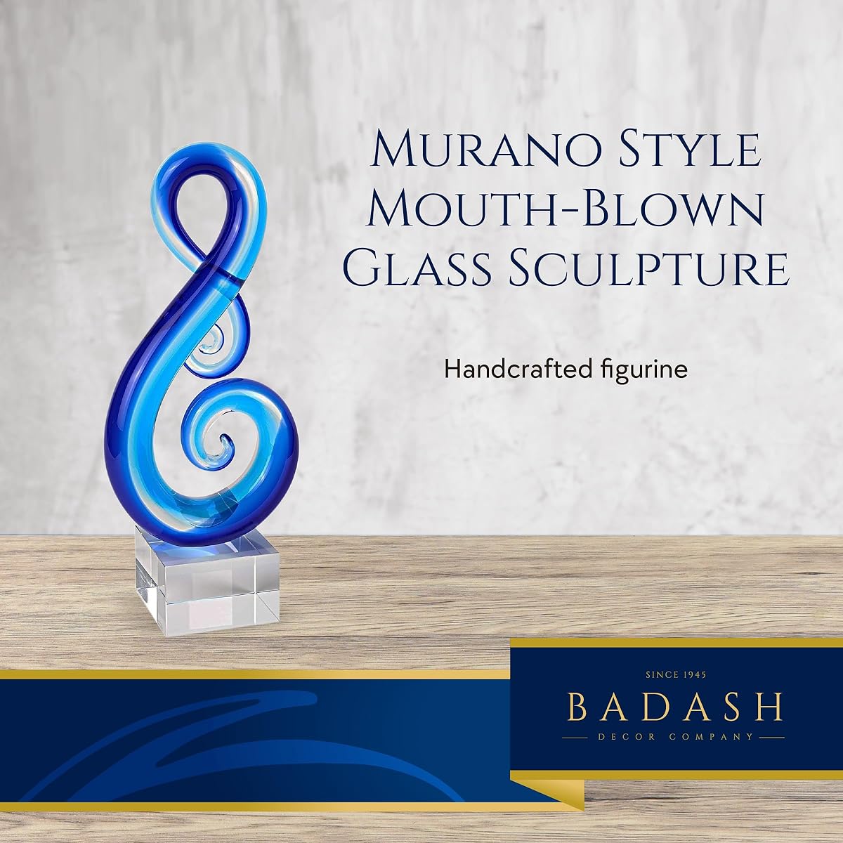 Badash Blue Note Murano Style Art Glass Centerpiece 11" Tall Mouth Blown Glass Sculpture Crystal Base Contemporary Home Decor Accent Piece