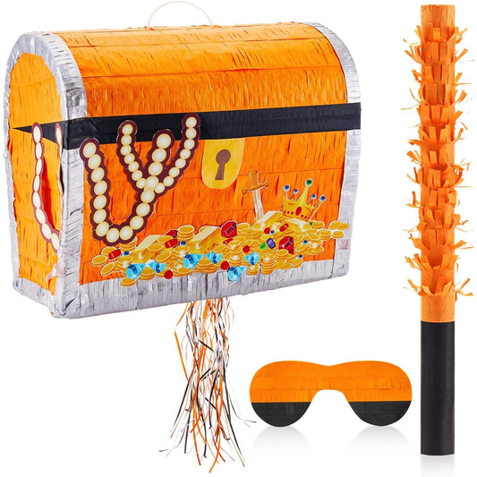 13.3'' Pull String Treasure Chest Pinata Pirate Pinata Blindfold Pinata Bat and Confetti Paper Graduation Kids Treasure Game Pirate Theme Birthday Party Decoration Supplies