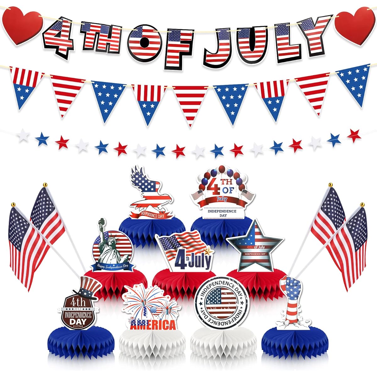 4th of July Decorations American Flag Stars Hanging Swirls 4th of July USA Banner Red White Blue Decor 4th of July Party Supplies Independence Day Veterans Day Patriotic Party Decorations