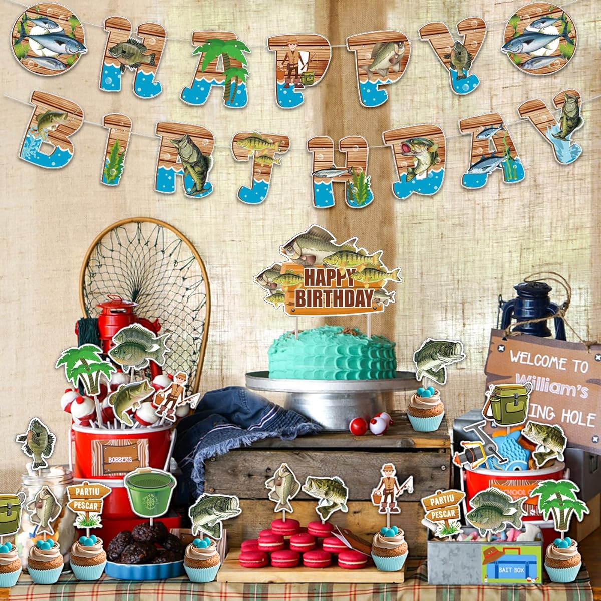 Fishing Theme Birthday Decorations Balloon Garland Kit Fisherman Birthday Party Decorations Fish Happy Birthday Banner Fishing Theme Birthday Cake Cupcake Toppers for Adult Birthday