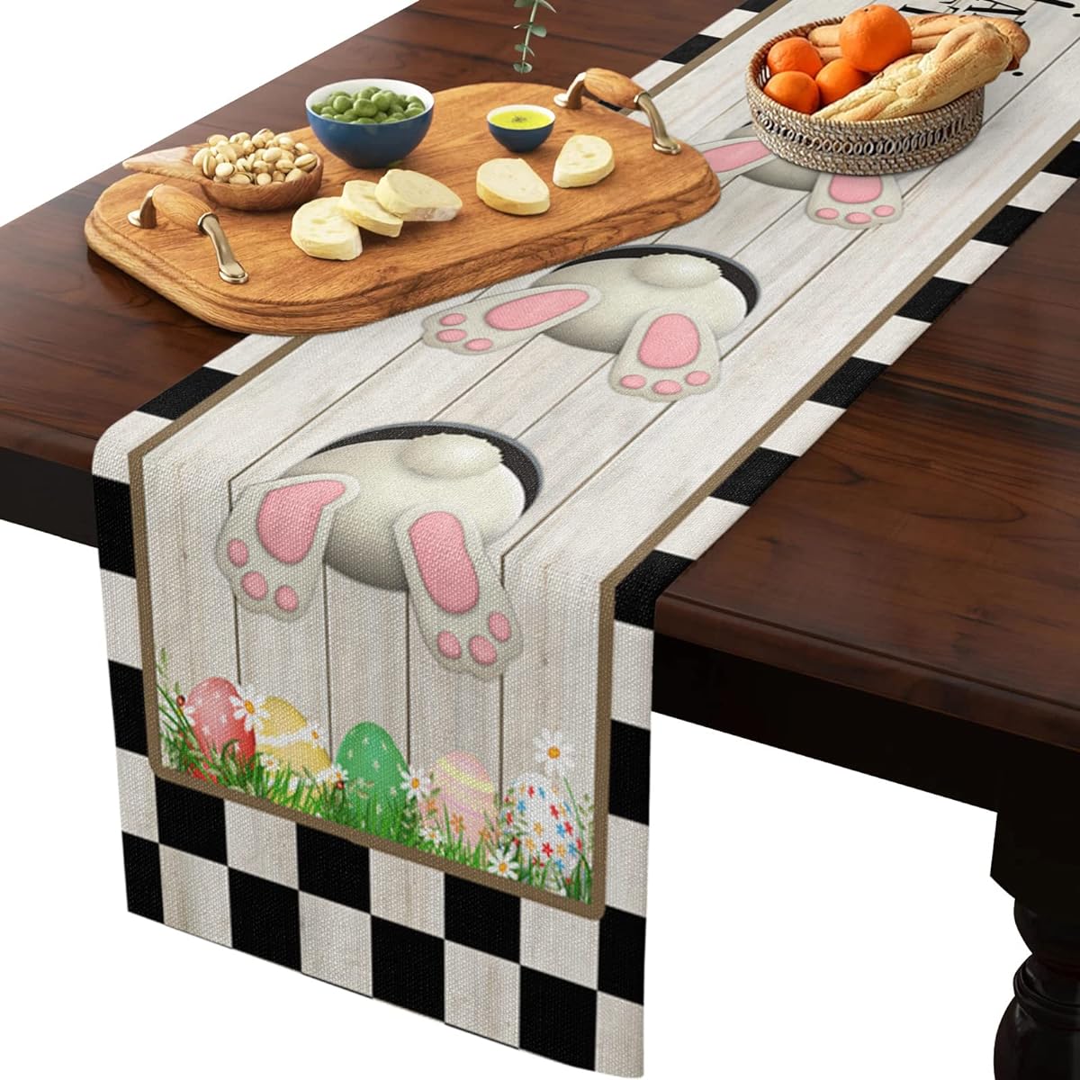 Easter Table Runner Linen Dresser Scarf, Easter Bunny Rabbit Tail Rustic Wood Table Runner Farmhouse Kitchen Dining Spring Picnic Party 13 x 70 Inch, Retro Black White Checkered Border