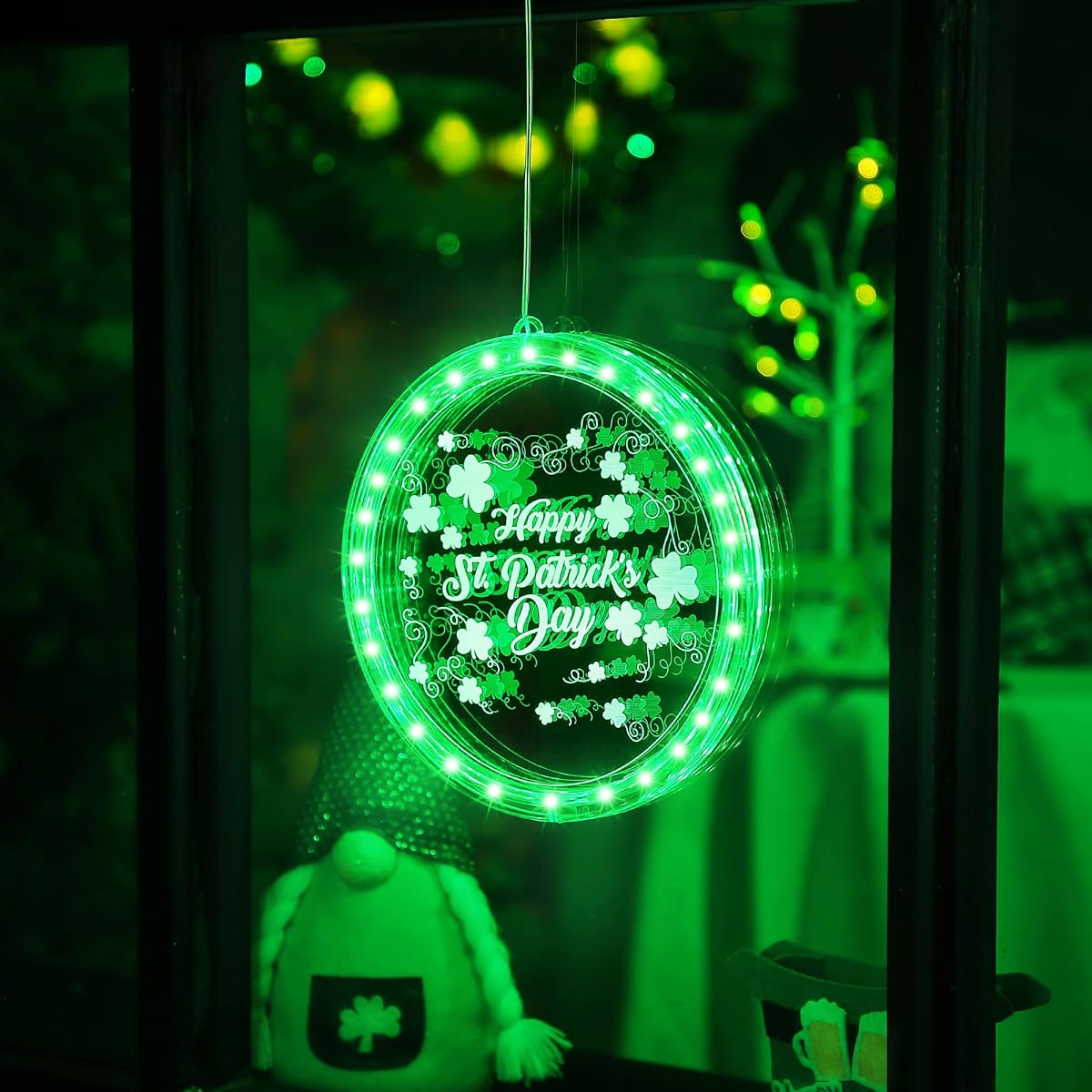 St. Patrick's Day Window Light Decorations Green Light Up Shamrock Clover Sign LED Light Battery Operated Irish Happy St. Patrick's Day Party Good Luck Indoor Outdoor Decor (Word Style)