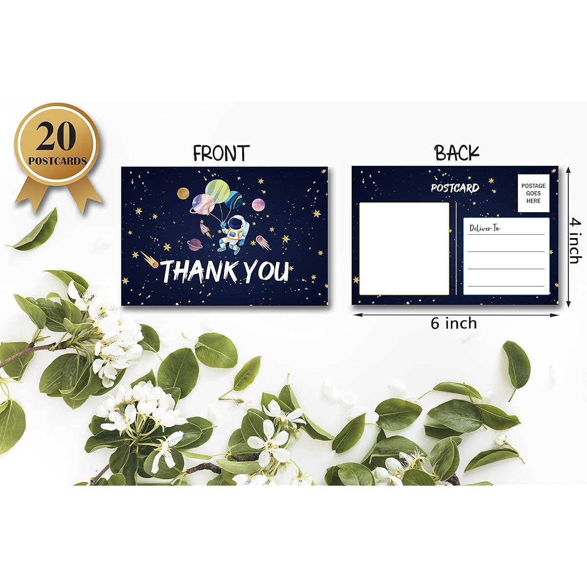 Birthday Thank You Postcard Space Theme Astronaut Rocket Ship Thank You Card for Children Girls Boys Birthday Party Baby Shower Party Set of 20 (A04)