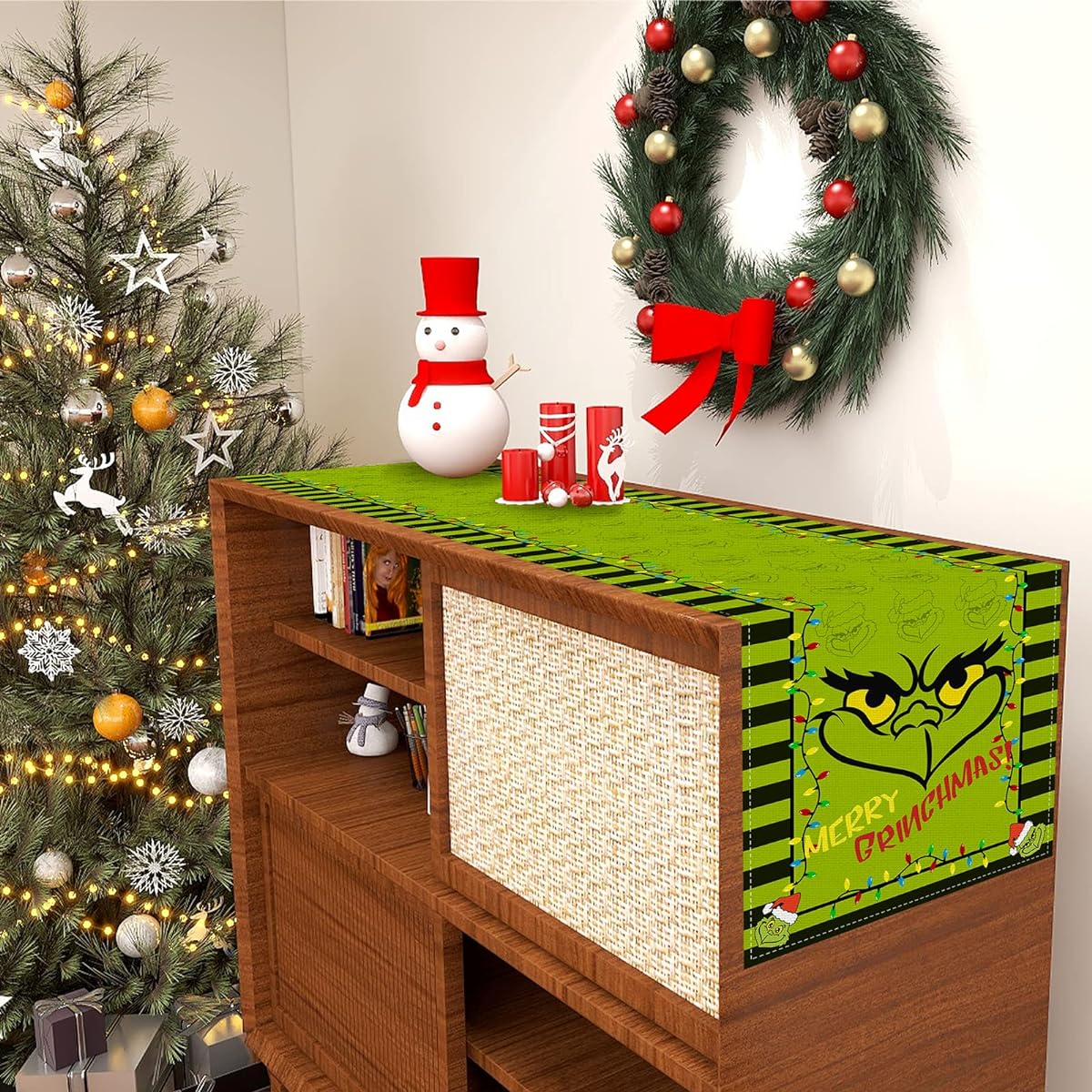 FARMNALL Linen Green Christmas Table Runner Merry Christmas Tablecloth Christmas Christmas Winter Holiday Home Kitchen Dining Room Table Decoration 13x72 Inch