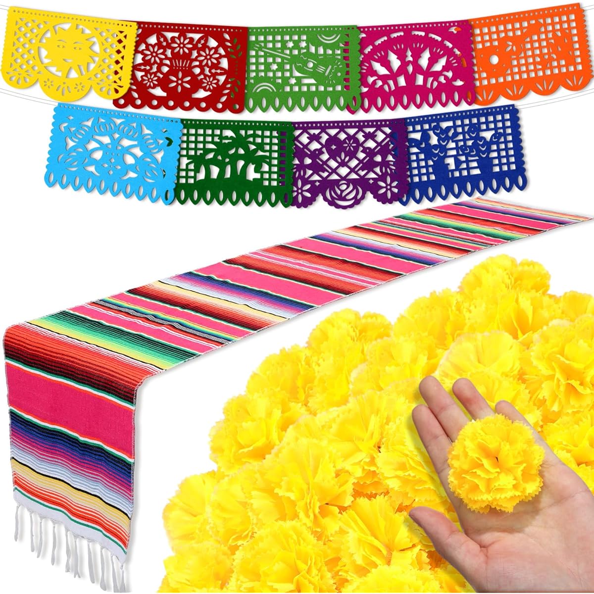 Marigold Flower Heads Large Set for Day of the Dead Decorations Altar De Ofrendas Dia de Muertos Decor 9pcs Mexican Papel Picado 1pc Mexican Table Runner Supplies