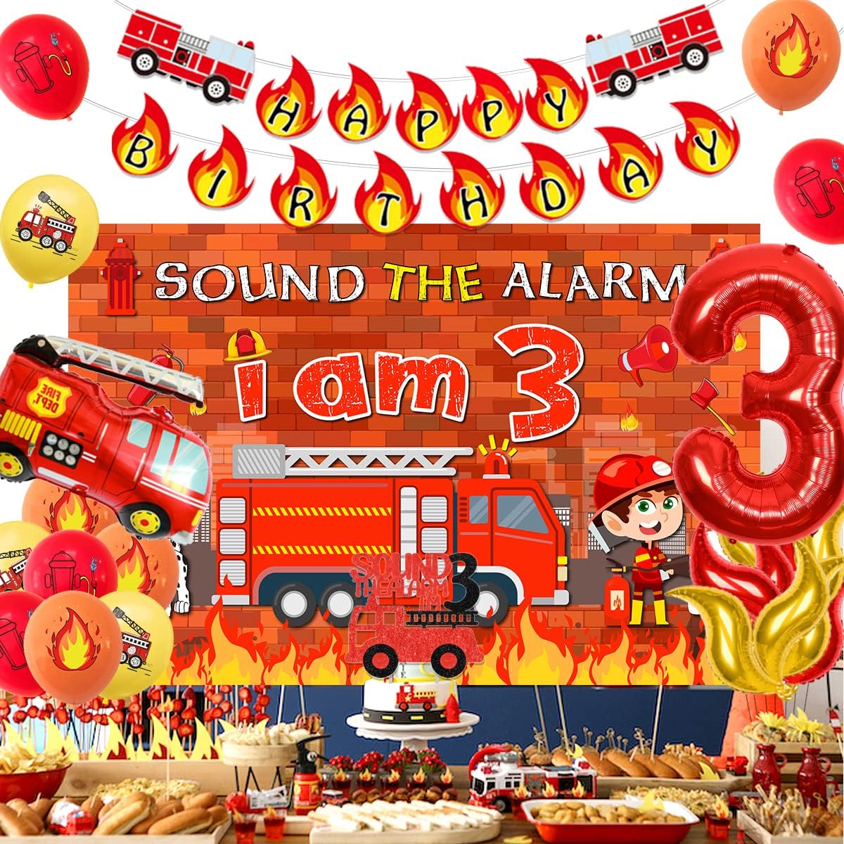 Fire Truck 3rd Birthday Decorations Sound the Alarm I Am 3 Birthday Decorations Sound the Alarm I Am Happy Birthday Banner Backdrop Cake Topper Fireman Birthday Decorations 3rd Birthday Supplies