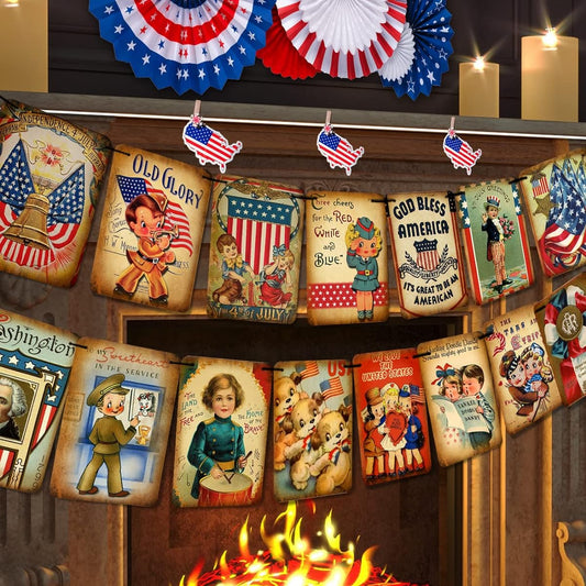 4th of July Banner Independence Day Patriotic Decorations - 4th of July Vintage Style Banners for Indoor Home Office Party Supplies for 4th of July Memorial Day Independence Day