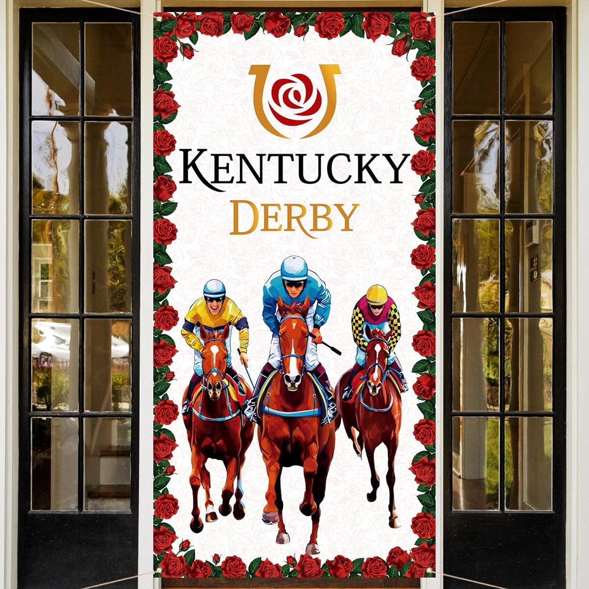 Kentucky Derby Door Cover Jockey Run Rose Banner Horse Racing Party Decoration Indoor/Outdoor Backdrop Home Decoration Supplies (White)