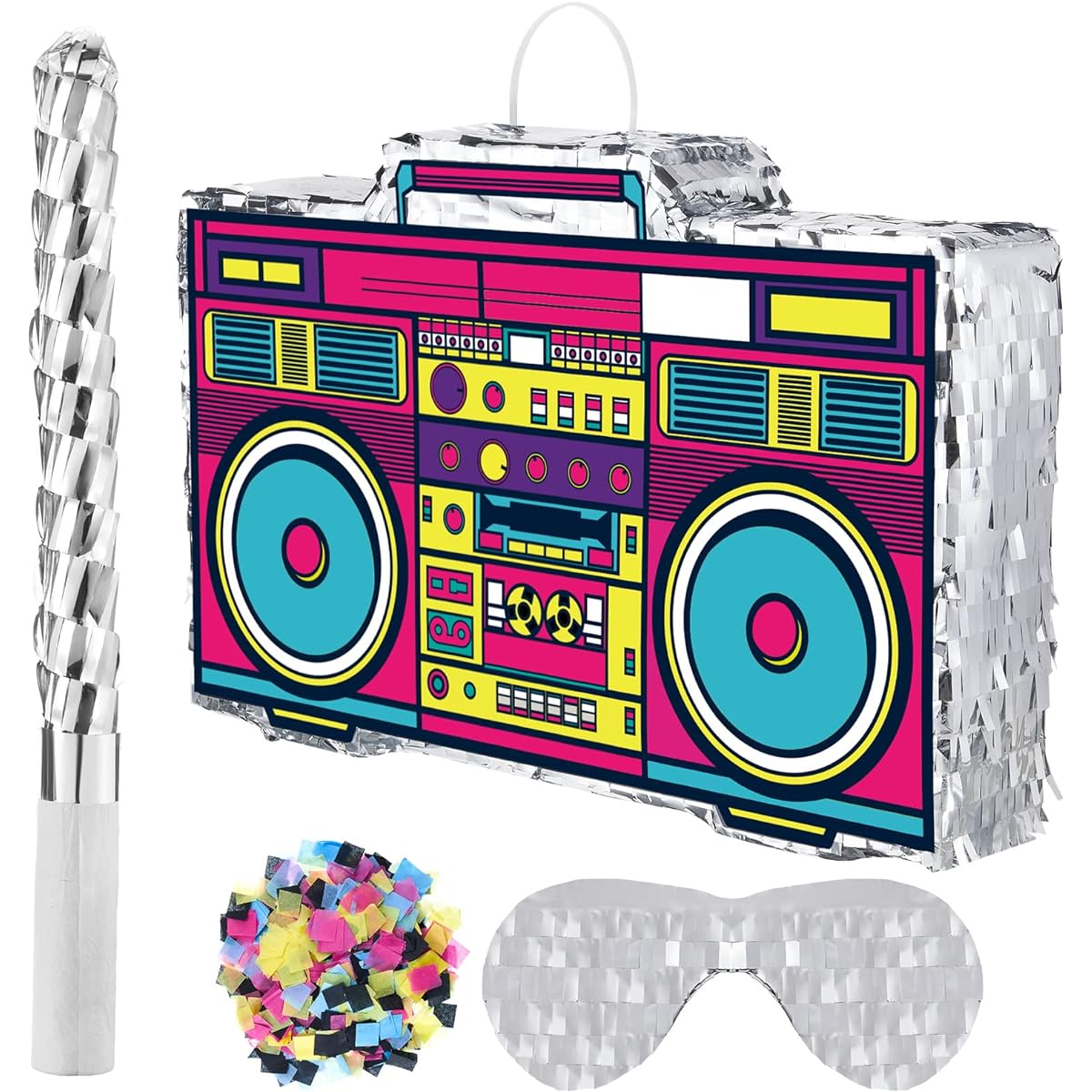 80's Boombox Pinata 16.5 x 11 x 3 Inch 90's Theme Party Decorations Retro Radio Pinata Set 1980's Hip Hop Adult Pinata Stick Confetti and Blindfold for Birthday Party (Stylish Style)