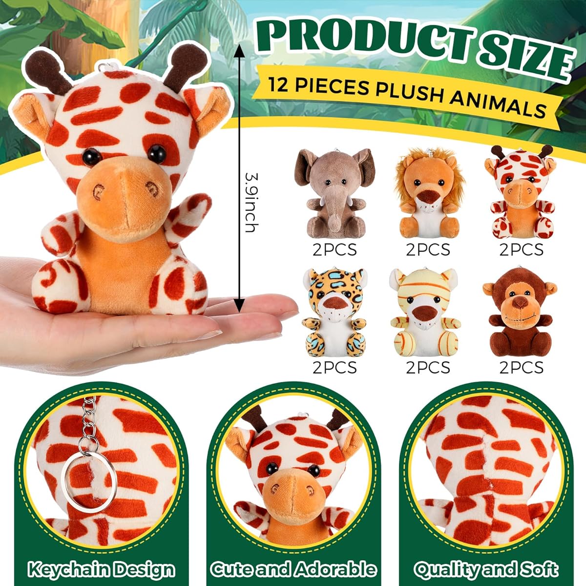 Ctosree 12pcs Jungle Safari Party Favors, Jungle Party Decorations, Safari Animal Keychains, Animal Theme Drawstring Backpack, Jungle Plush Toys for Goodie Bag Fillers, Safari Theme Party Supplies