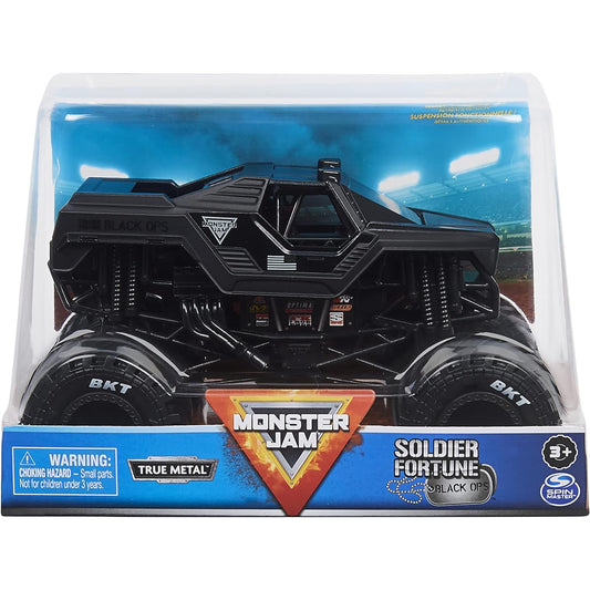 Official Monster Jam Soldier Fortune Truck, Retro Soldier Fortune Black Ops Collector 1:24 Scale Die-Cast Vehicle - Chrome Rims & BKT Tread Tires, Used in All Playsets - Collectable for Fans and Birthdays