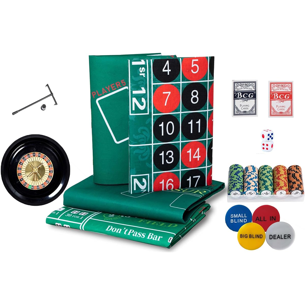 Harfirbe Casino Games 4-in-1 Set Roulette Wheel Set 100 Chips 2 Pairs of Dice Poker and 2 Pairs of Dice Roulette Texas Poker Blackjack Double Sided Green Felt Game Table Mat