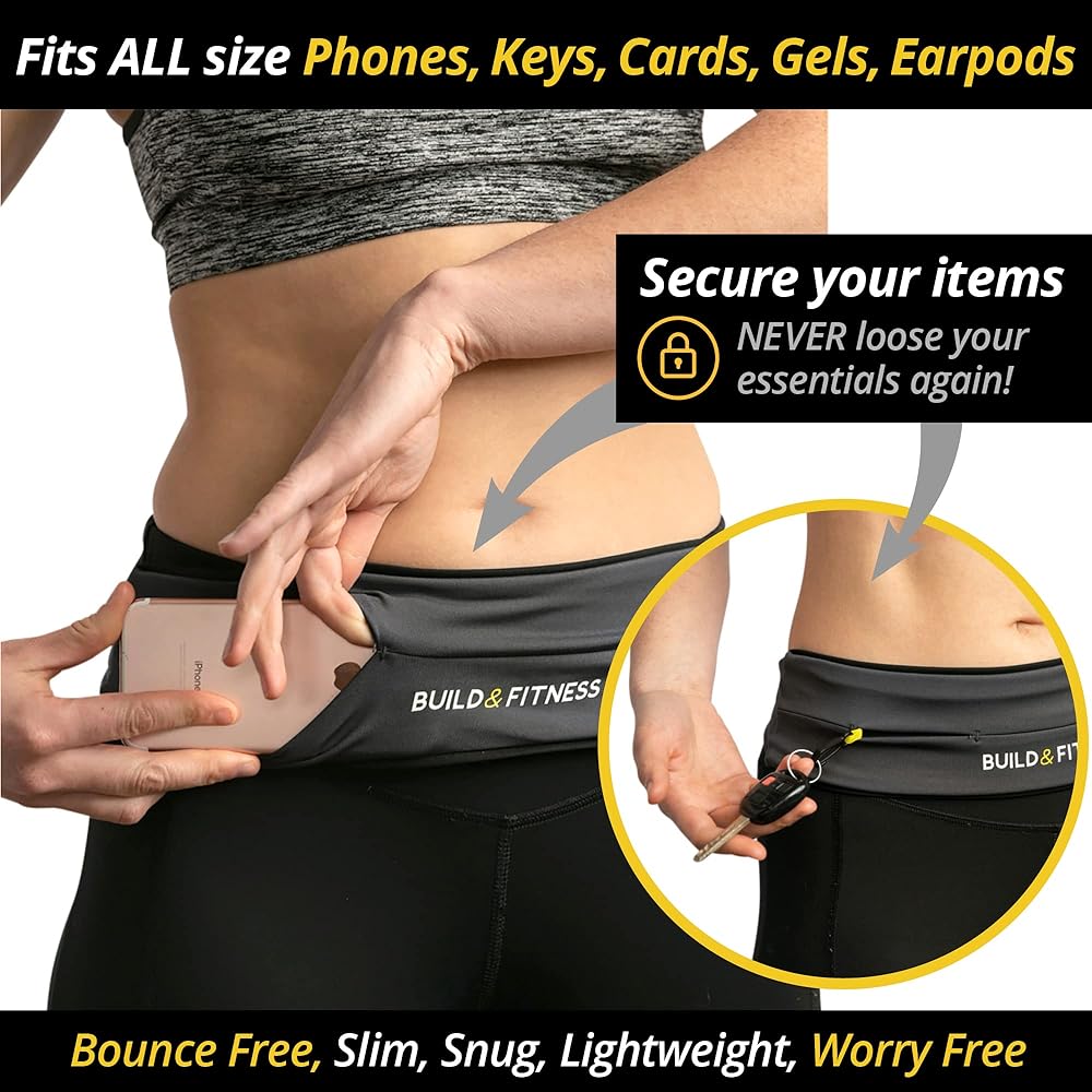 Build & Fitness Running Belt, Flip Waist Belt, Key Clip, Compatible with iPhone and Samsung.