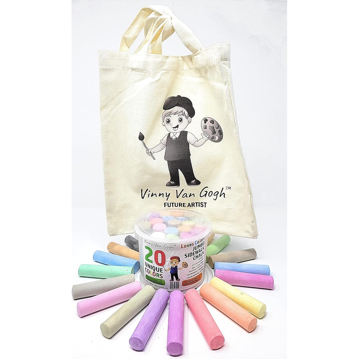 Vinny Van Gogh 20 Colors Jumbo Sidewalk Chalk + Cute Tote Bag > Toddler Kids Adults > Safe Non-Toxic Washable Dust Free > Award Winning Colors Black > Outside on Driveway City Pavement or Garden
