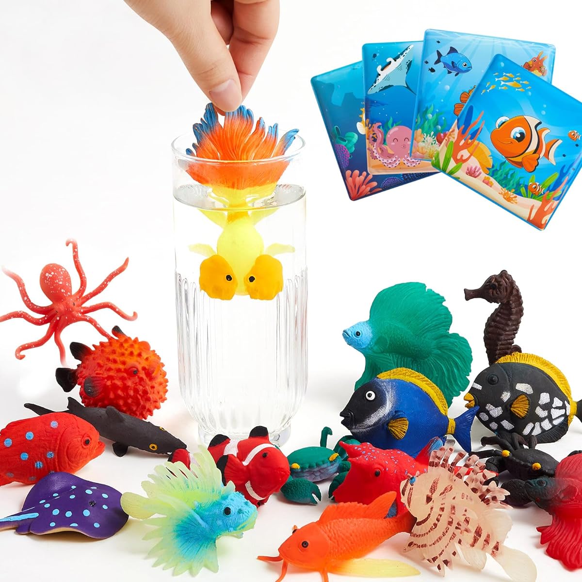 RabvPerce 16 Pack Color Changing Sea Animals Bath Toys No Holes Stretchy Simulation Ocean Tropical Fish Change Color with Warm Water Glow in the Dark for Kids Toddlers Bathtub Pool Party Birthday Gift