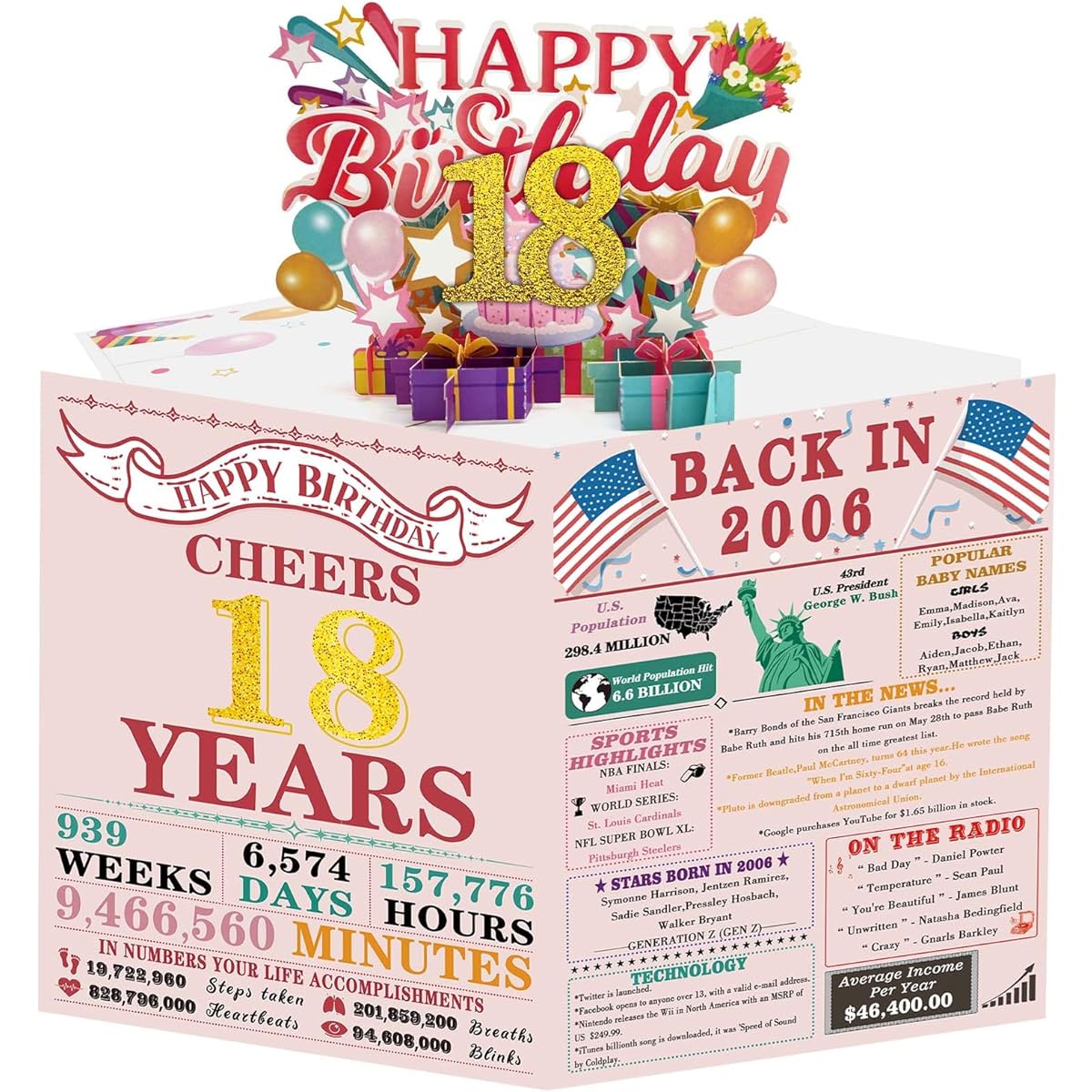 LiuuLi Happy 18th Birthday 3D Pop Up Card 18 Years Old Fun Birthday Gift for Daughter or Sister Birthday Greeting Card Decoration with Envelope and Blank Inside for Friends