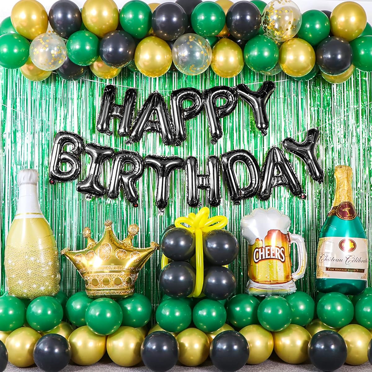Green and Gold Birthday Decorations for Men Women 98 Pieces Green Black Birthday Party Decorations Boys Girls Happy Birthday Banner Birthday Balloons Fringe Curtains Birthday Party Supplies 21 Years Old 30 Years Old