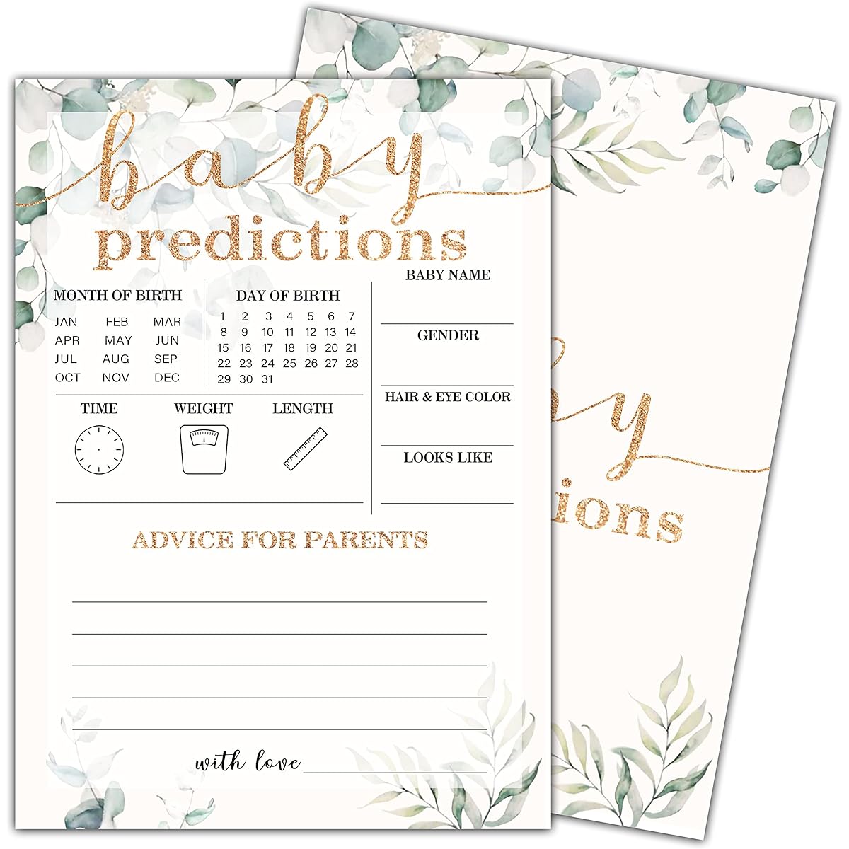 Baby predictions Baby Shower, Greenery Predict Newborn Kids Games, New Parent Message Advice Book Mommy Daddy to Be Keepsake Party Favors Supplies Decorations - 30 Game Cards (bb005-yx16)