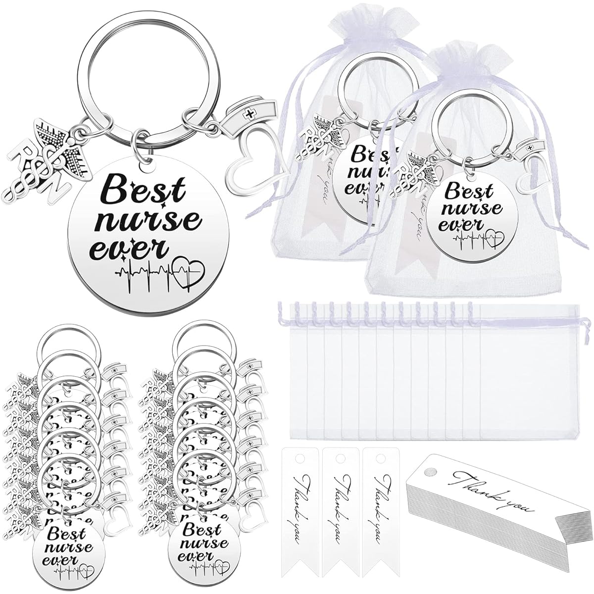 Sasylvia 12 Sets Nurse Gifts, Appreciation Keychains with Thank You Cards, Organza Bags, Nursing Student Gifts, Medical Assistant Gifts