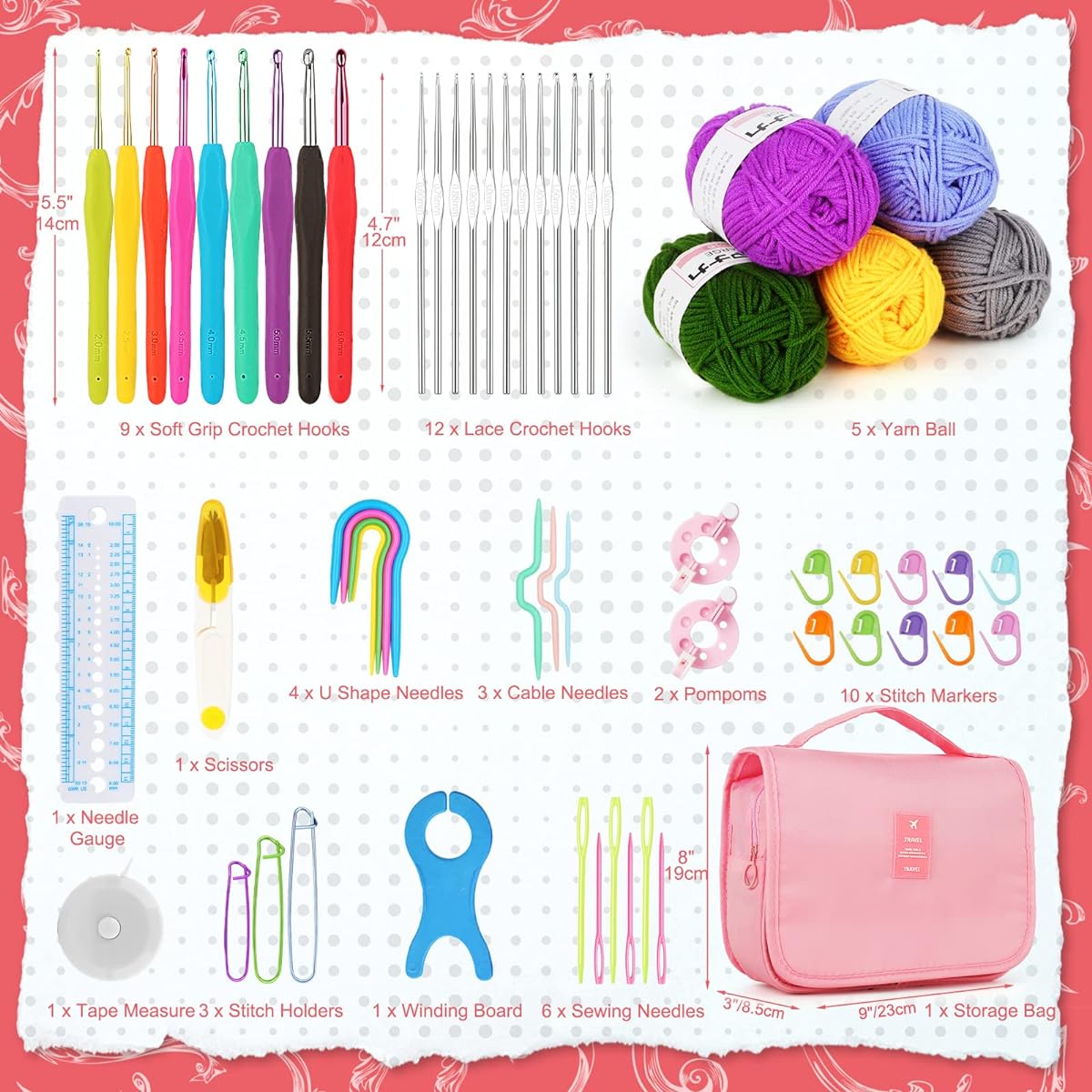 Aeelike Crochet Kit with Yarn, Beginner Crochet Kit for Adults and Kids, Rubber Soft Grip Crochet Hooks, Knitting Supplies, DIY Tools for Crochet Lovers, Starter Kit with Portable Storage Bag, Pink