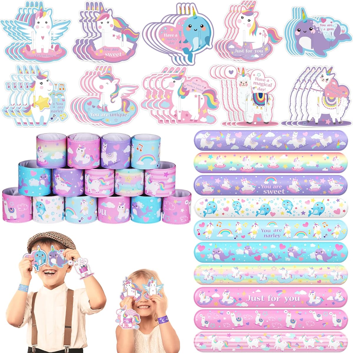 Valentine's Day Greeting Cards and Bracelets for Kids, Unicorn Valentine's Day Gifts with Wristbands, Unicorn Cards, Valentine's Day Party Decoration Supplies for School Classroom Exchange Gift Set, 40 Pack