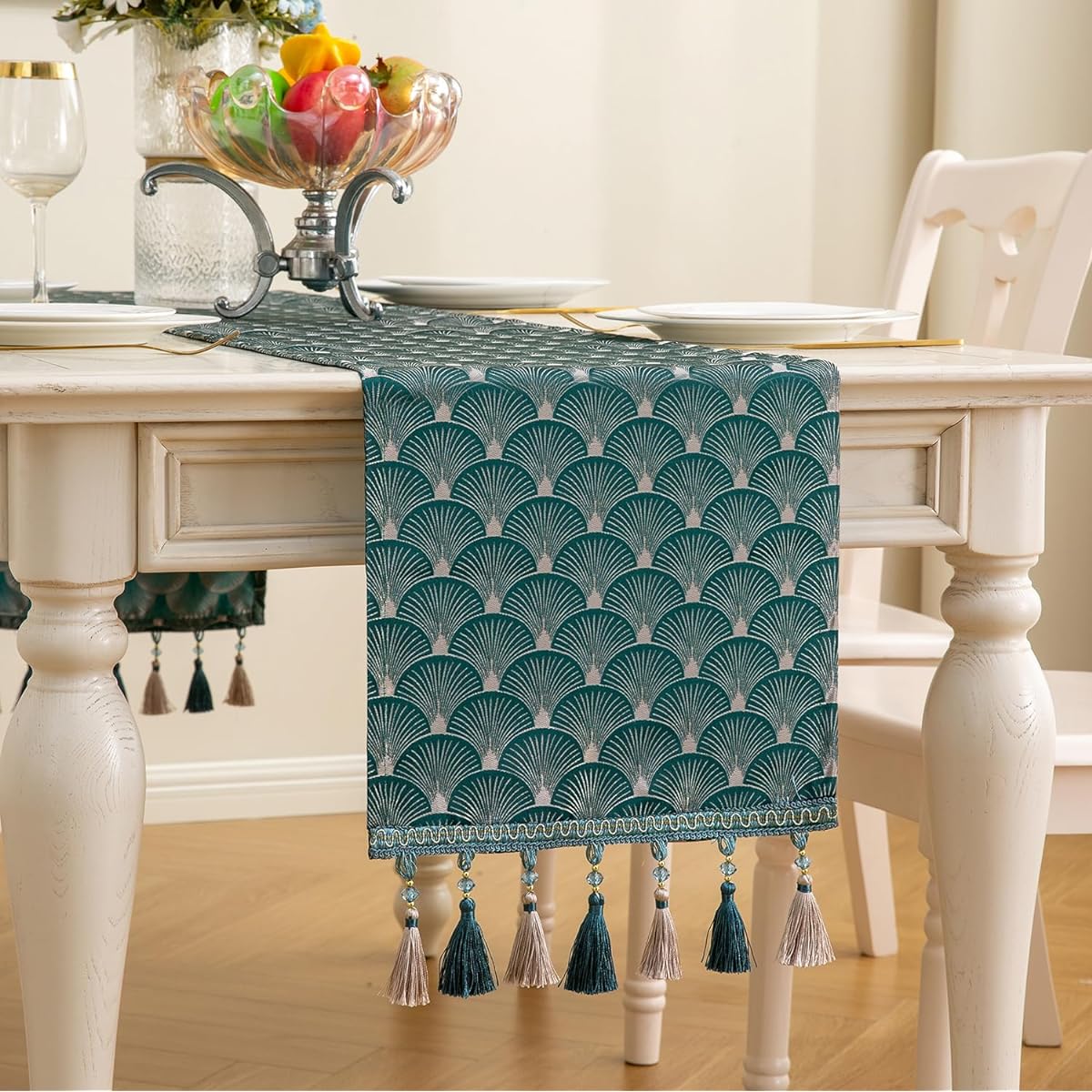 Mayler Yee Luxury Table Runner Elegant Floral Jacquard Damask Table Runner with Multi Tassels 72" Length Handmade Tassels for Dining Room Dresser Party Banquet Holiday Decoration Teal (13"x72")