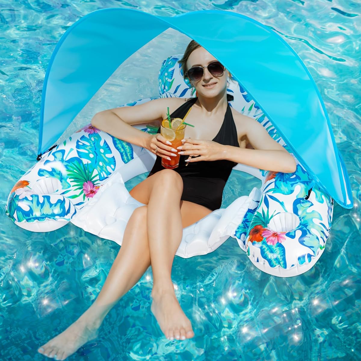 MiniInflat Pool Float with Adjustable Canopy, Adult Floating Pool Chair with Cup Holder, Inflatable Pool Lounger Float, Blow Up Pool Chair Float with Headrest for Travel/Swim Party
