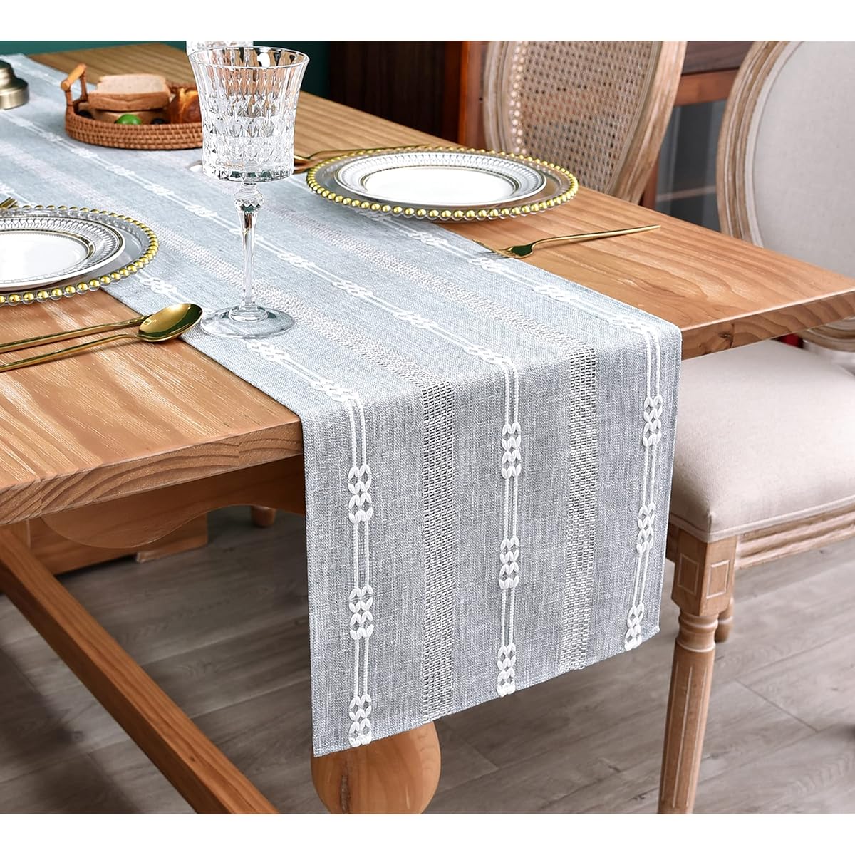 Farmhouse Woven Striped Linen Table Runner Rustic Hollow Woven Embroidered Boho Rectangular Table Runner for Dining Table Dresser, Grey and Blue, 13x48 Inch