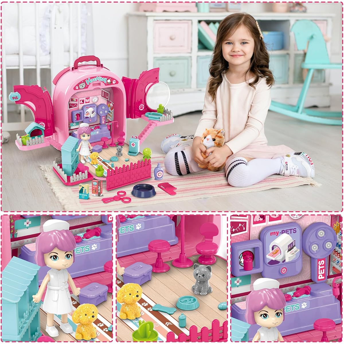 MAGIC4U 3-in-1 Pet Care Carrier Backpack Playset with 82 Pieces Cat Figures Toys for Kids Veterinary Clinic Doctor Kit Kids Pet Vet Medical Pretend Play Set for Boys and Girls Ages 3-8