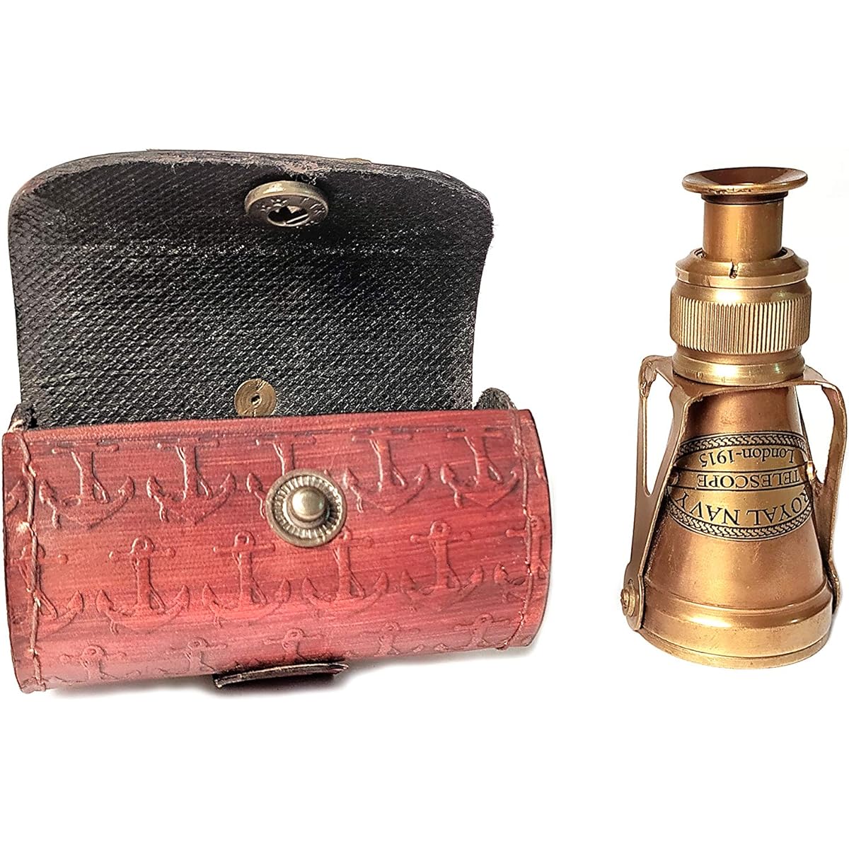 A.A.Nauticals - 3.5" Royal Navy 1915 Brass Monocular Telescope with Red Engraved Leather Box - Gift Item (Brown Antique, Focus Adjuster)