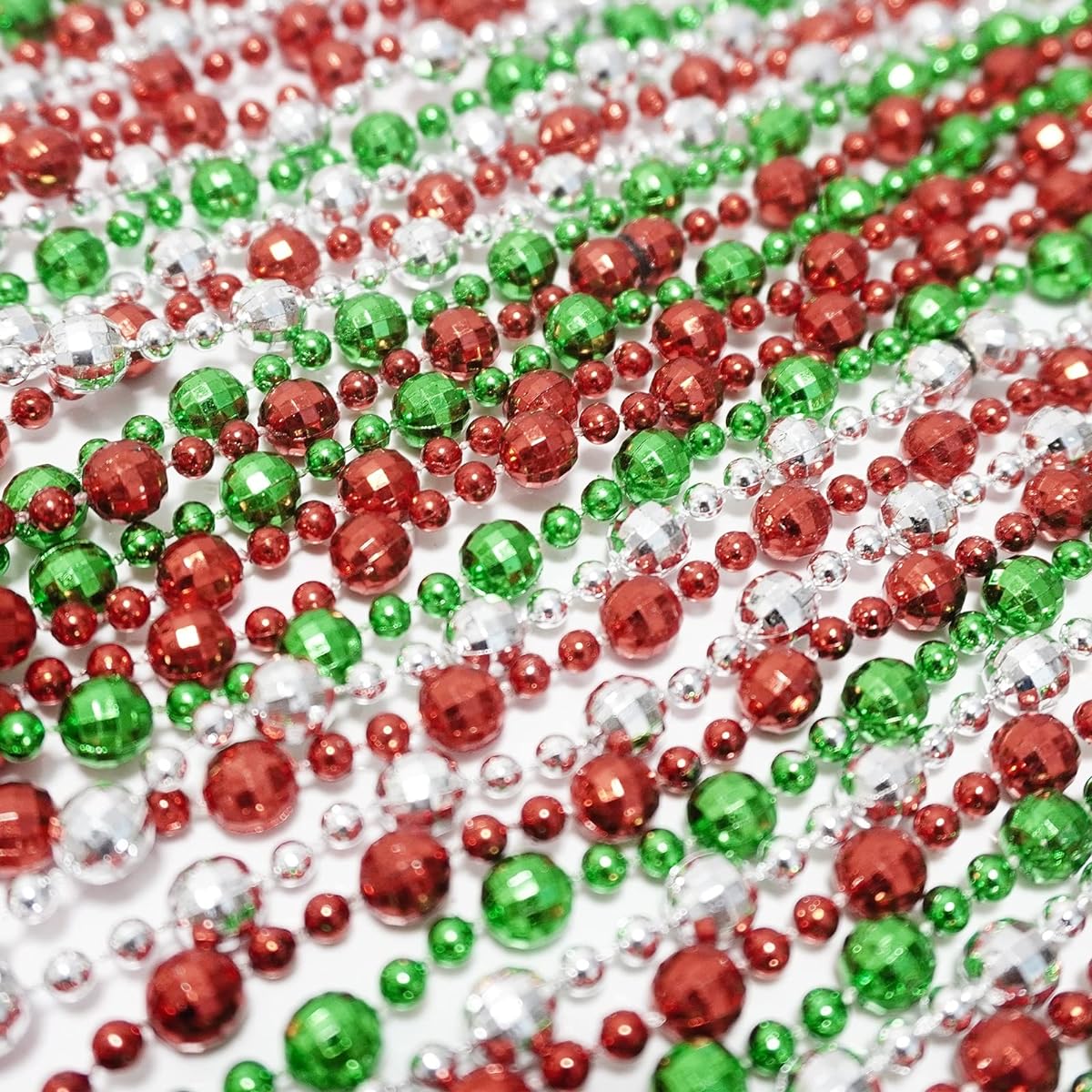 100pcs Christmas Bead Necklaces Bulk (7mm 33"), Green, Silver, Red Metallic Costume Bead Necklaces for Christmas Party Decorations, Boys Girls Christmas Gifts