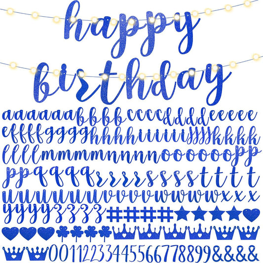 167pcs DIY Banner Kit Glitter Customizable Birthday Banner Glitter Make Your Own Banner Kit with 162 Letters Symbols and Numbers 3 Ropes for Birthday Wedding (Royal Blue)