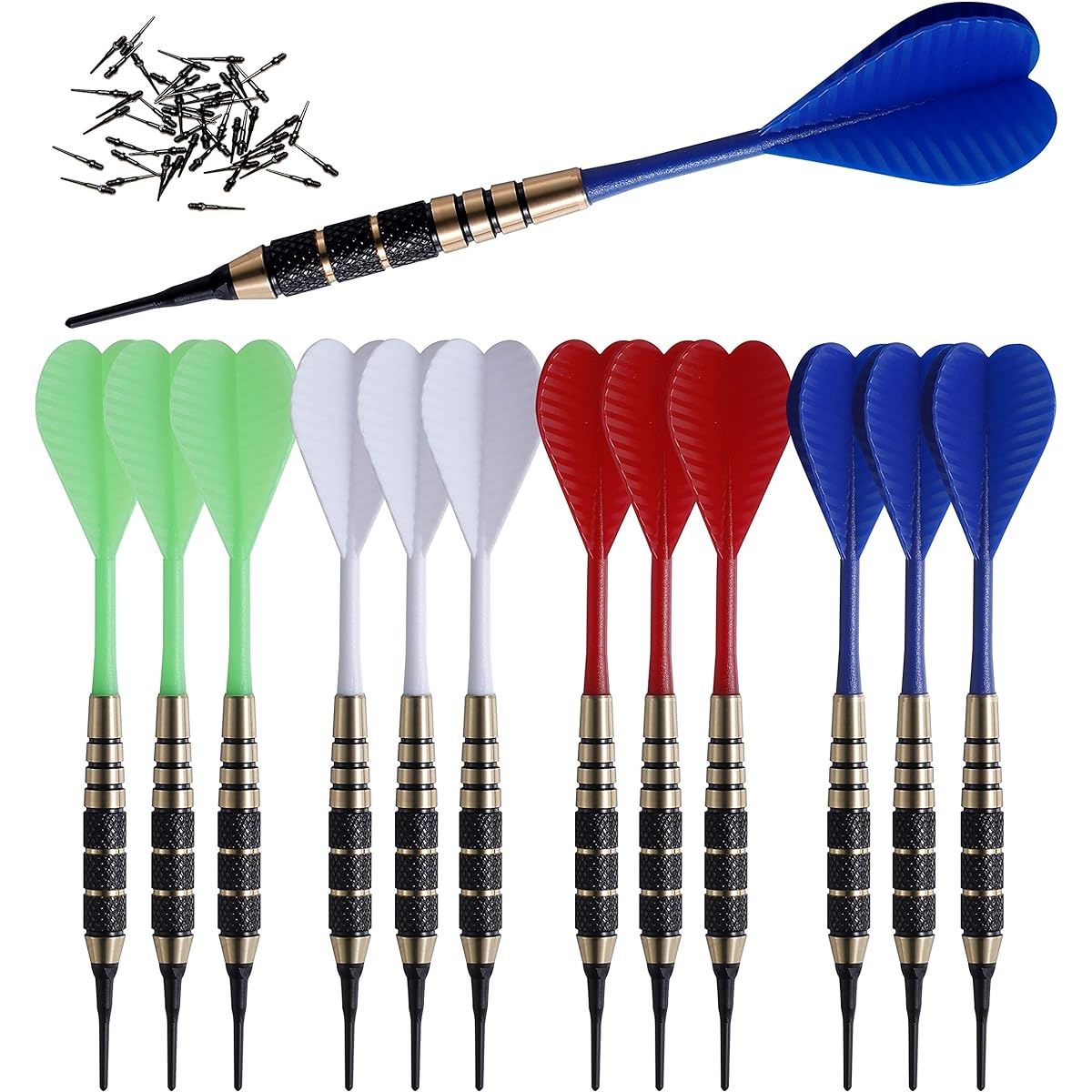 SHOT TAKER CO. EST. 2017 Soft Tip Darts Set | 12 Bar Darts | 50 Extra Black 2BA Tips | 3 of each color | Fun darts perfect for 4 players on electronic and plastic dartboards