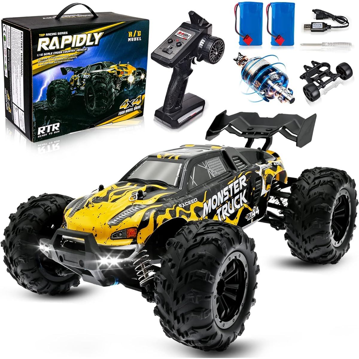LFOLUSU RC Car 1/16 Scale All Terrain Remote Control Car 4WD 2.4Ghz Off-Road High Speed 40 Km/h High Speed RC Truck Racing Car with LED Headlights 2 Rechargeable Batteries Christmas Gift for Kids and Adults