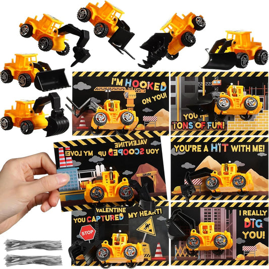 24 Sets Valentine's Day Cards with Construction Truck Toy Valentine Greeting Cards Vehicle Truck Toys Valentine Classroom Exchange Gift School Prizes for Kids Valentine Party Favors