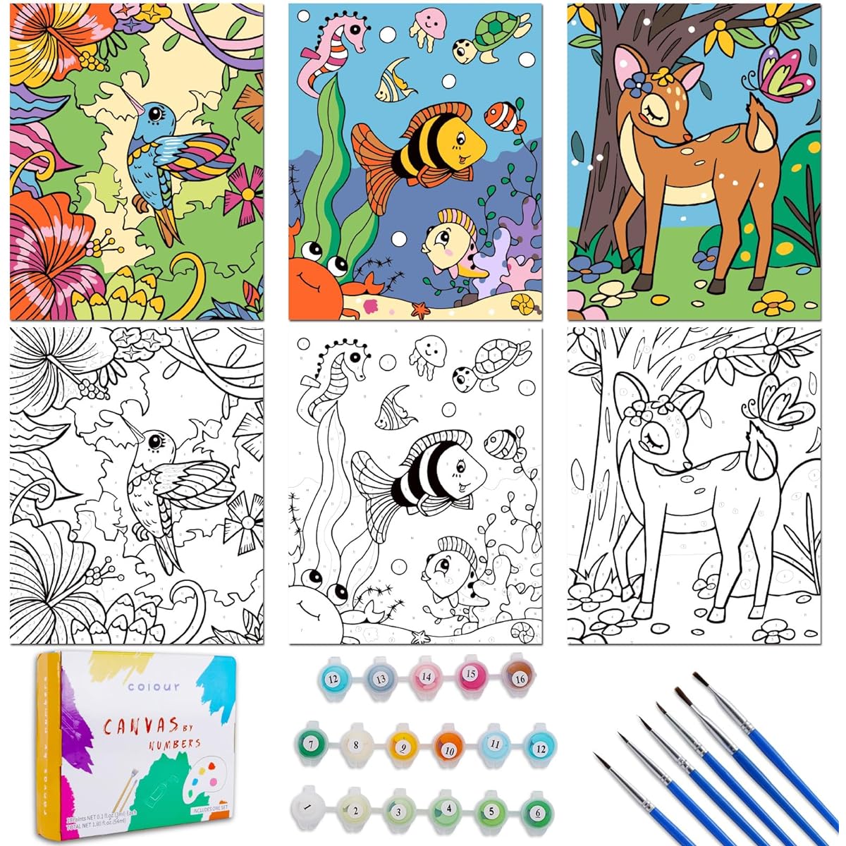 3 Pack Paint by Numbers for Kids Ages 8-12, 10*8inch Color by Number Framed Canvas, 17 Acrylic Paint Pots and 6 Brushes, Paint by Numbers for Kids, Arts & Crafts, Art Supplies, Ages 9-12