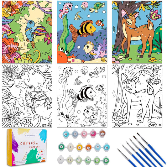 3 Pack Paint by Numbers for Kids Ages 8-12, 10*8inch Color by Number Framed Canvas, 17 Acrylic Paint Pots and 6 Brushes, Paint by Numbers for Kids, Arts & Crafts, Art Supplies, Ages 9-12