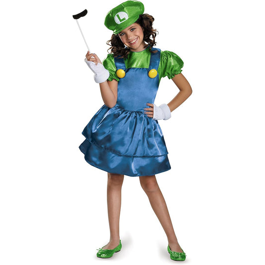 [Disguise] Super Mario Bros: Luigi w/Skirt Child Costume Super Mario Bros:/Skirt Child Costume w Luigi Halloween Size: Small (4-6)