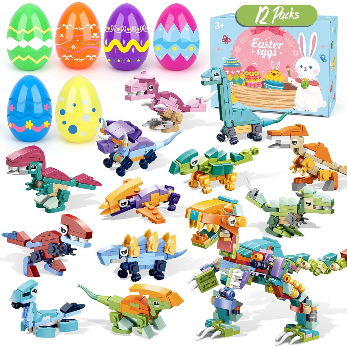 Iabedi 12 Pack Easter Eggs with Toys Dinosaur Building Blocks Plastic Easter Eggs Gifts for Boys Kids Classroom Toys for Boys Ages 3+